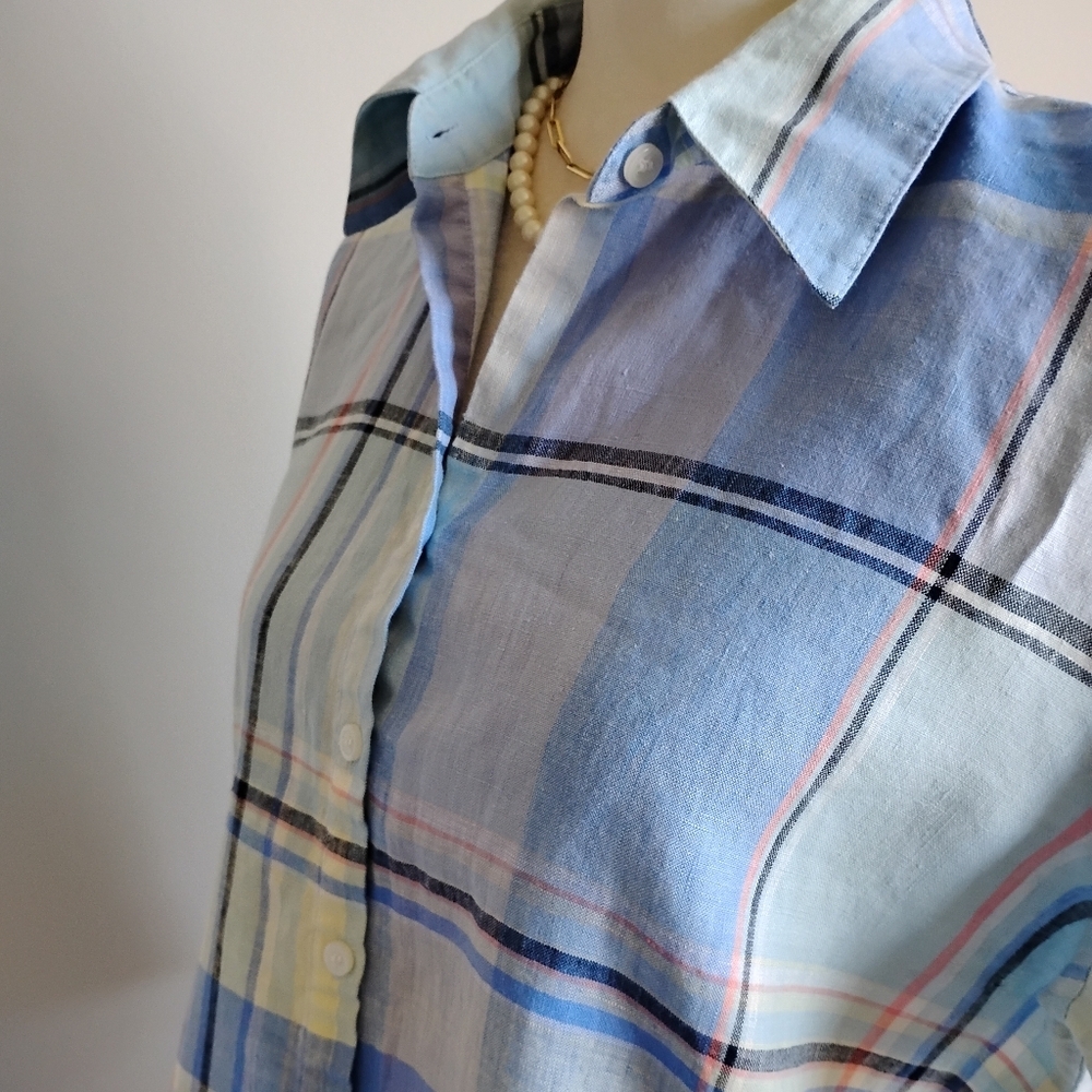 Liz Claiborne Linen Blue Plaid Button Up Shirt 3/4 Sleeves Coastal Size Medium - Picture 7 of 14